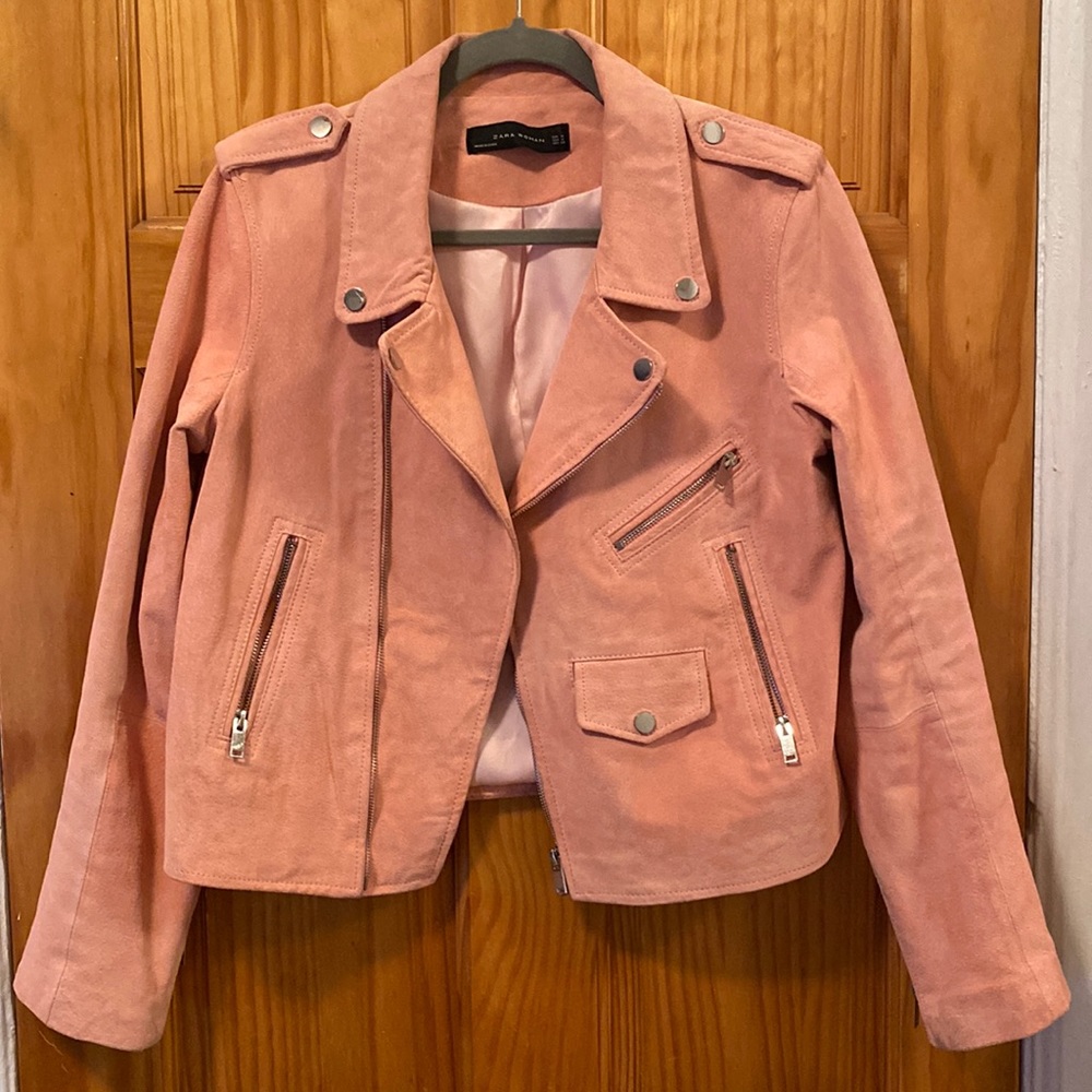Pink genuine suede moto jacket size M